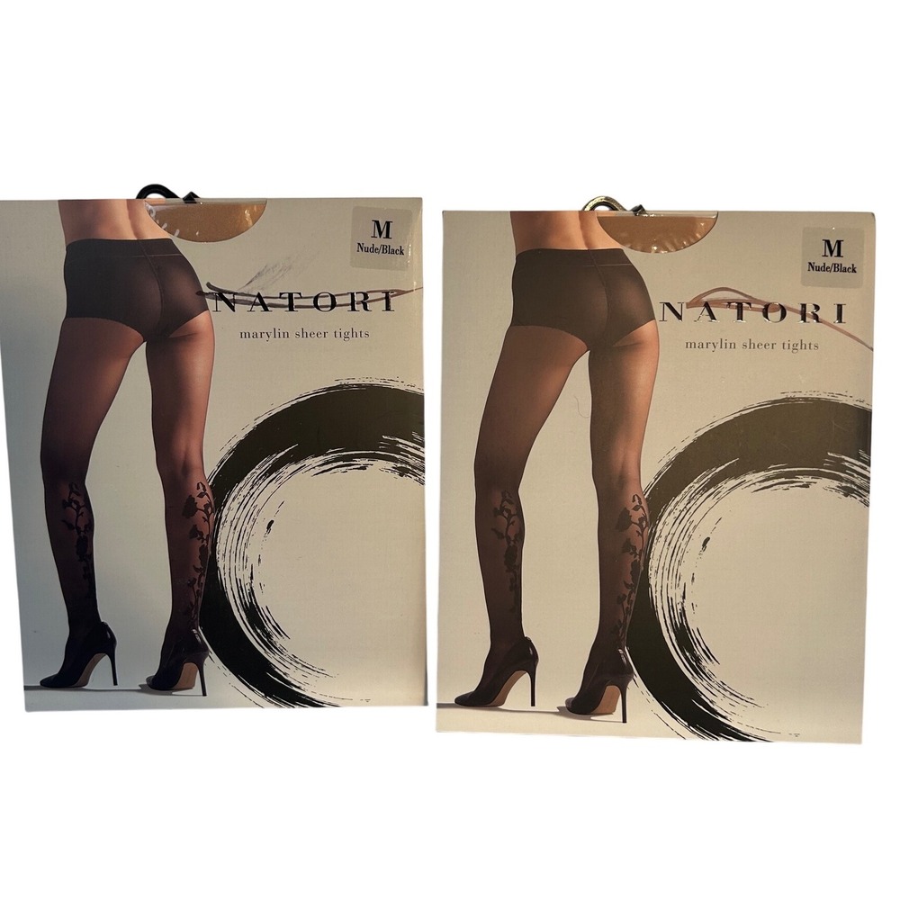 Natori Marylin Sheer Tights Nude Black Size M Floral Lace Leg Pair of 2
